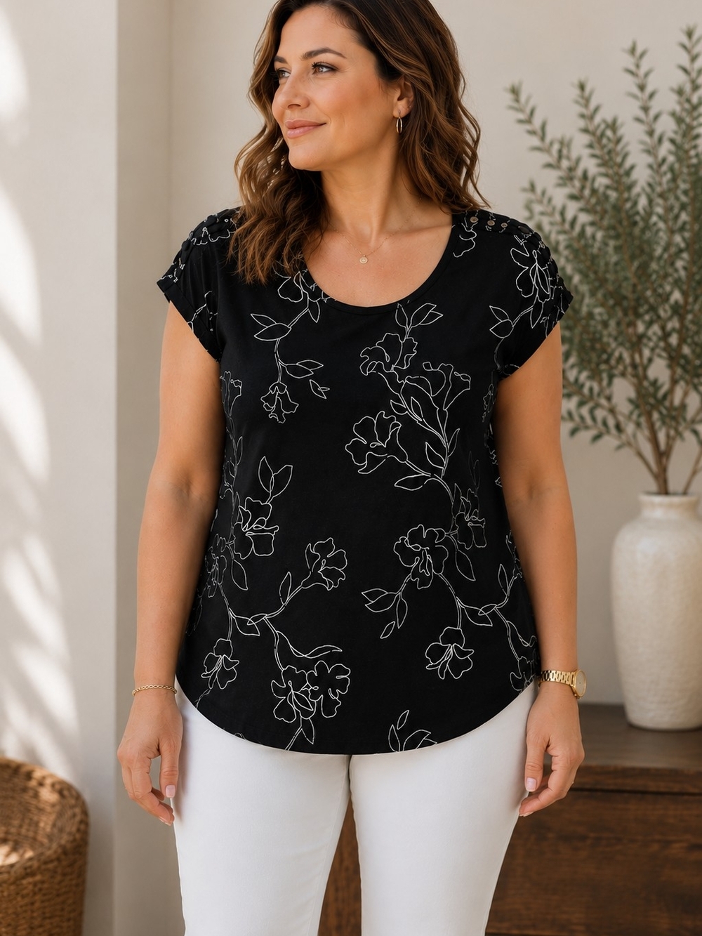 Reitmans Black Floral Print Blouse Top Size L